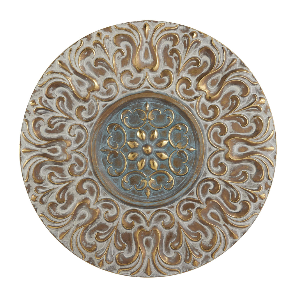 Round Antique Gold Metal Wall Decor with Light Green Textured Pattern Center K4822