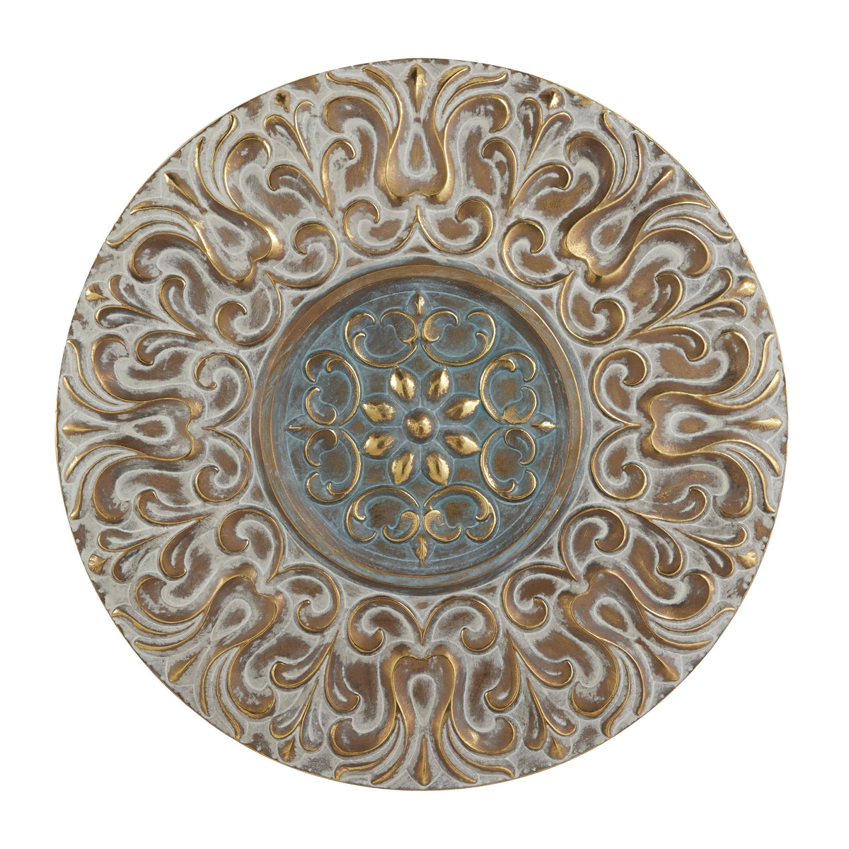 Round Antique Gold Metal Wall Decor with Light Green Textured Pattern Center K4822