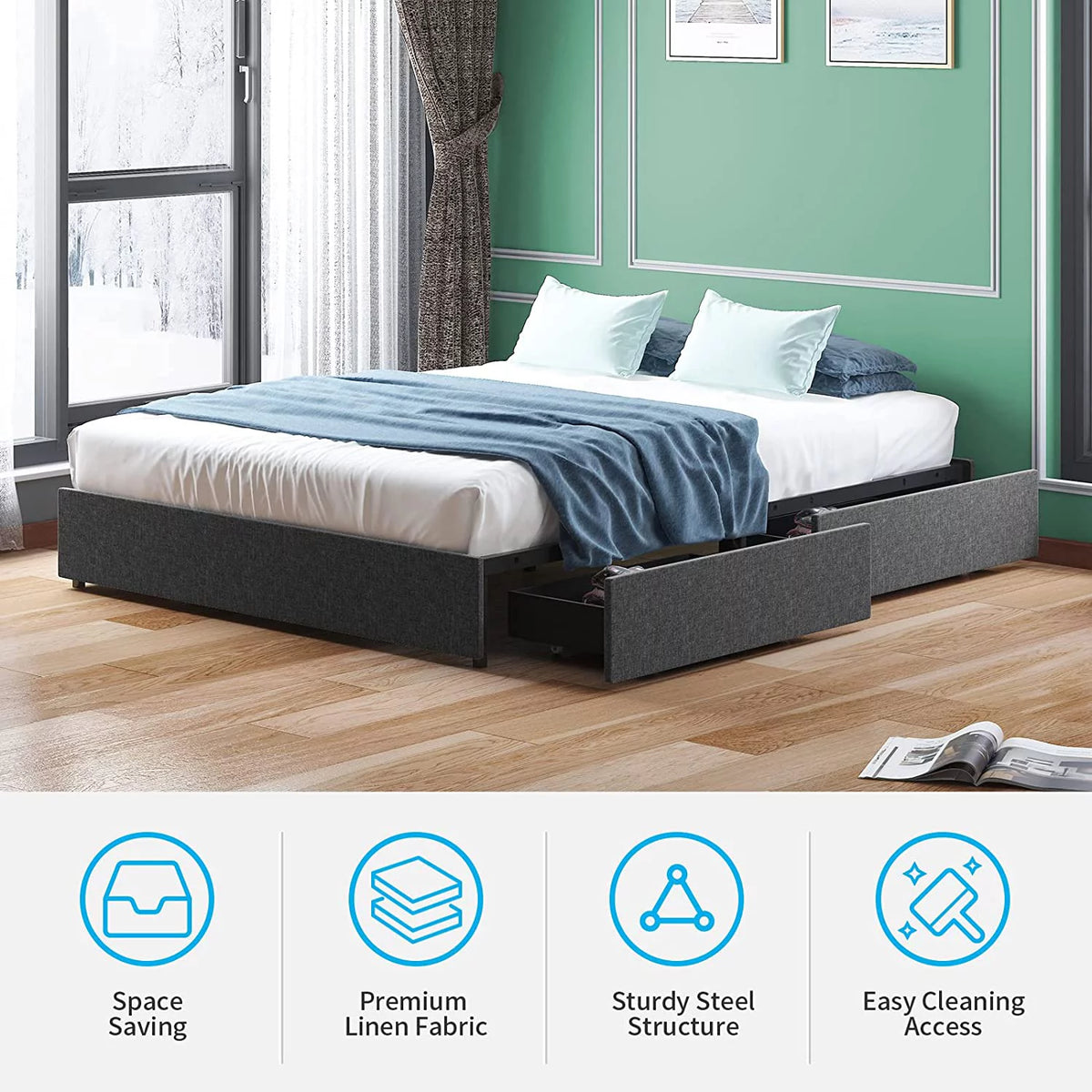 Cal King Size Platform Bed Frame with 4 Storage Drawers Cotton Linen Fabric Dark Grey P408123