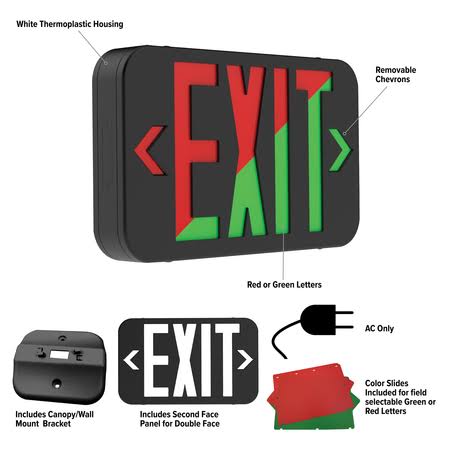 LED Exit Sign with Red or Green LEDs, Black K96255