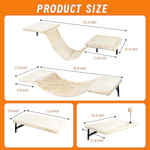 7 Pcs Beige Wood Cat Climber Set with Shelves, Perches, Bridge, Hammock, Scratching Board K140