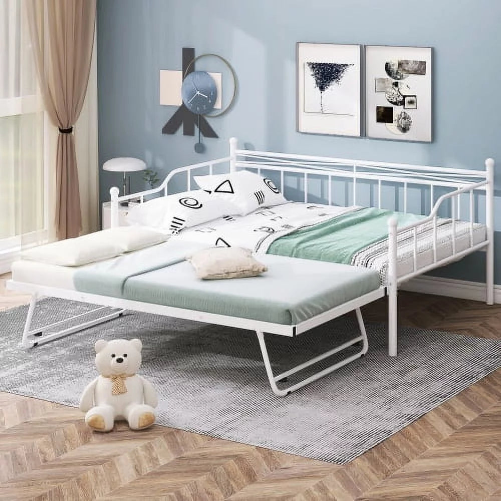 Full Size White Metal Daybed with Twin Size Adjustable Trundle I188