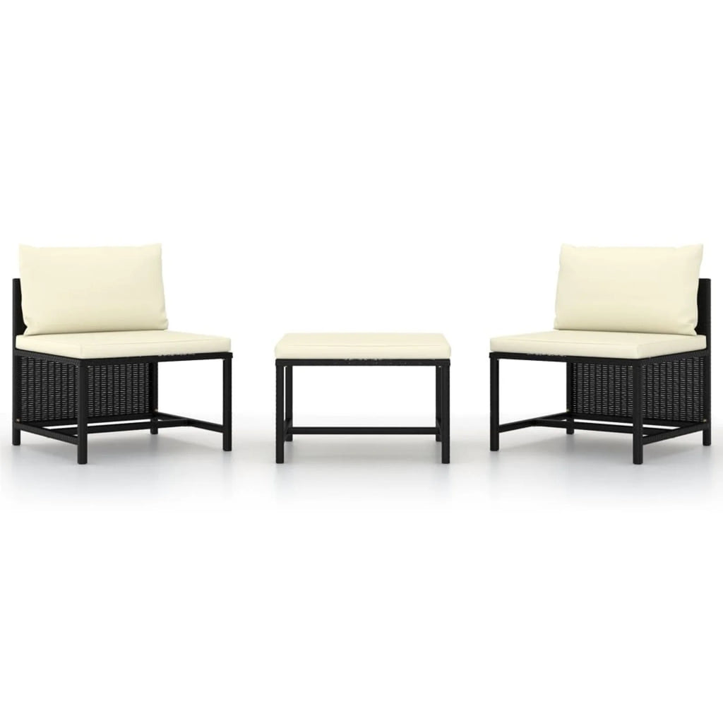 3 Piece Black Poly Rattan Garden Sofa Set with White Cushions and Footrest K1525