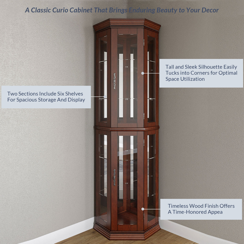 Walnut 5 Sided Lighted Corner Curio Cabinet X114