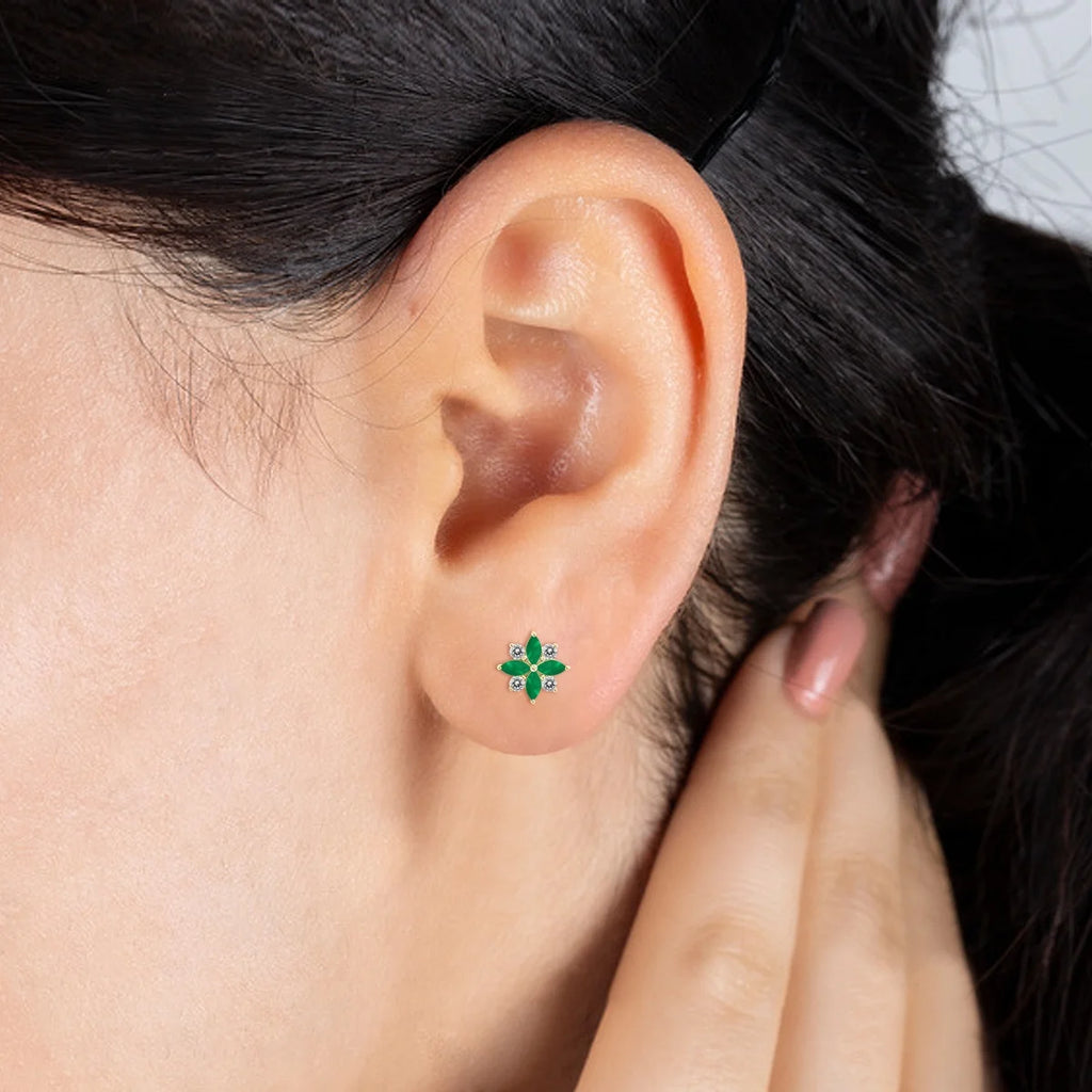 Emerald and Diamond Flower Earrings in 10K Yellow Gold K150