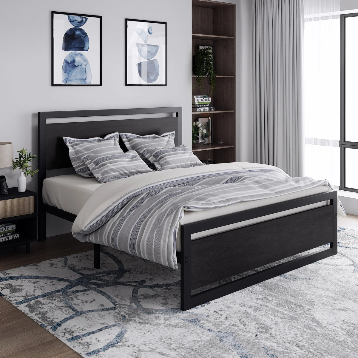 Queen Size Metal Platform Bed Frame with Wooden Headboard Footboard O31391