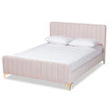 Pink Fabric Upholstered Gold Finished King Size Platform Bed V5699