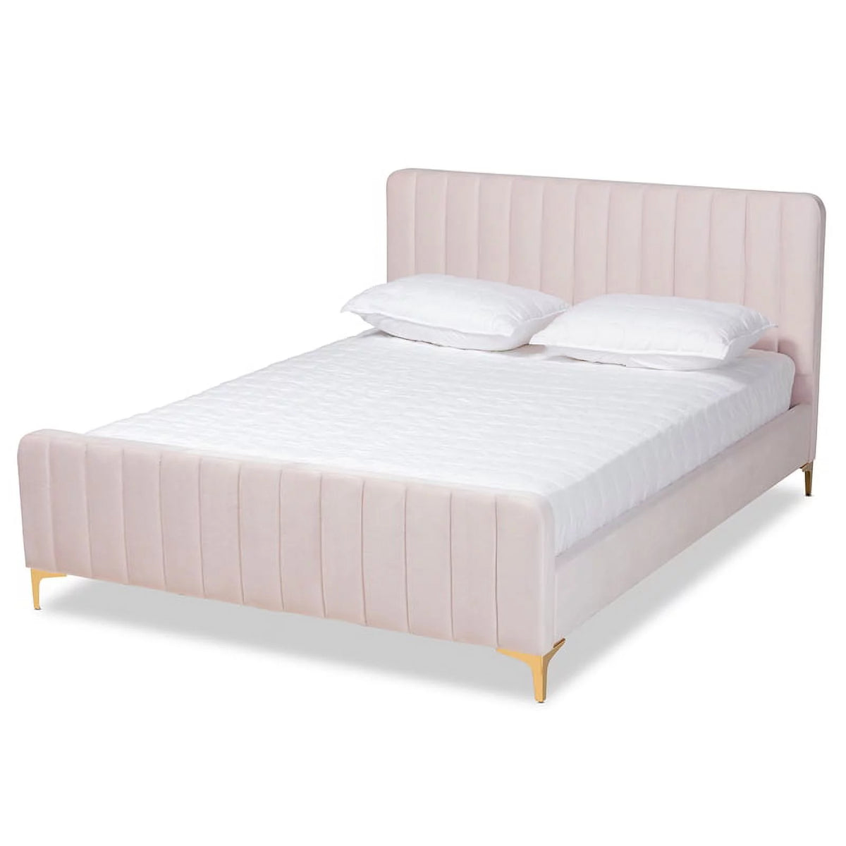 Pink Fabric Upholstered Gold Finished King Size Platform Bed V5699