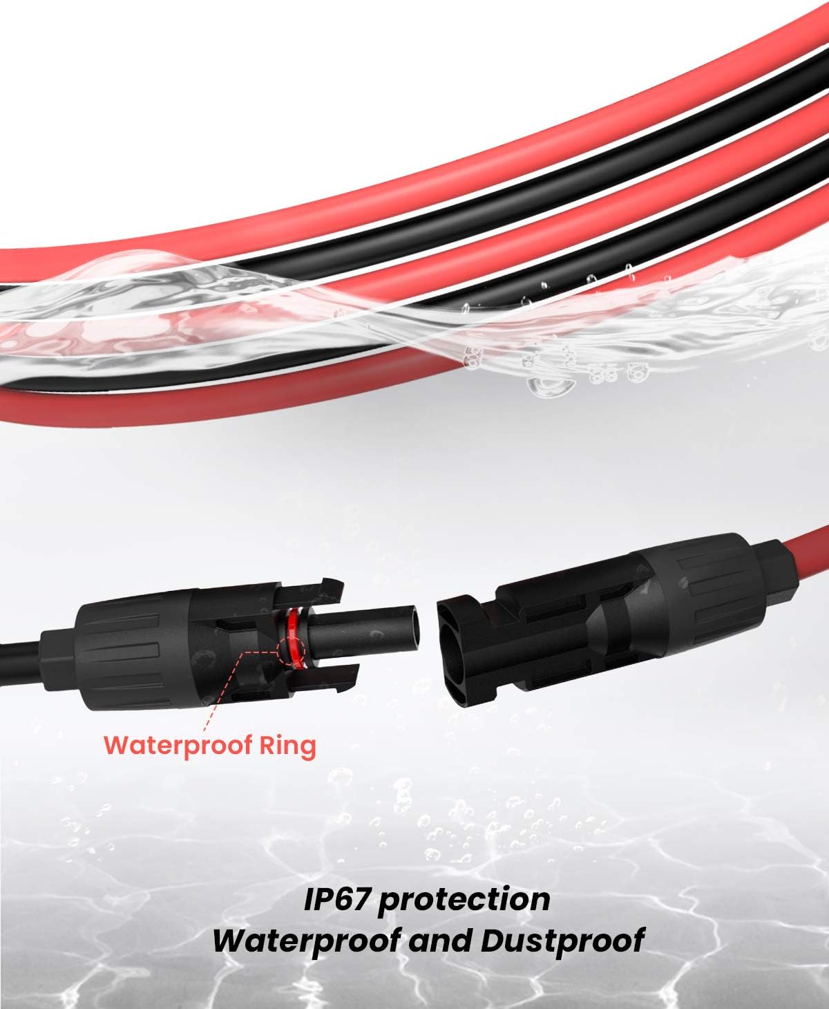 50 Feet 10AWG Solar Extension Cable with Female and Male Connector, Red and Black G41247