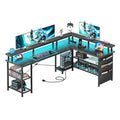 Black Carbon Fiber L Shaped Gaming Desk with Power Outlet and LED Lights C9126