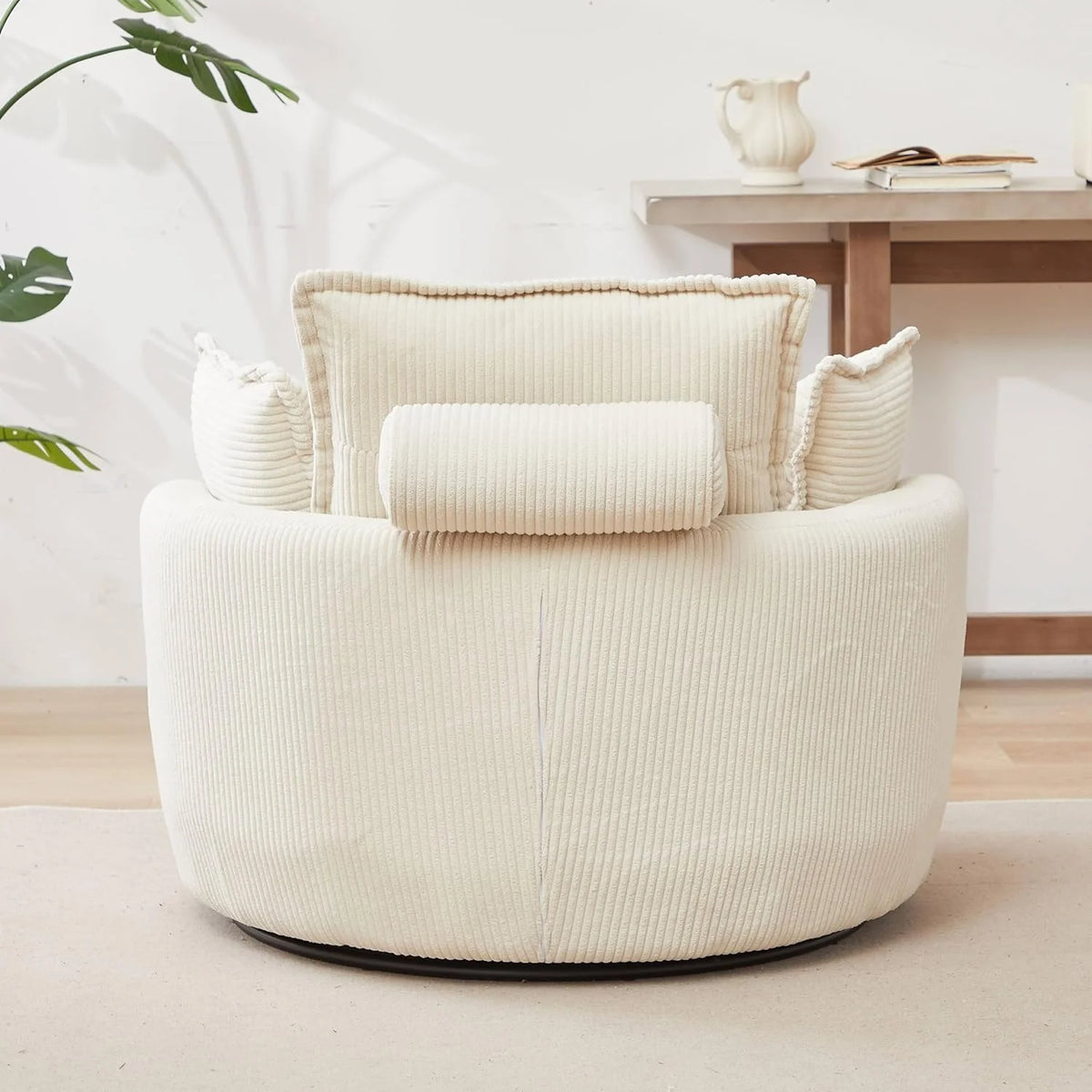 Beige Corduroy Tufted Swivel Accent Chair with Ottoman G2864