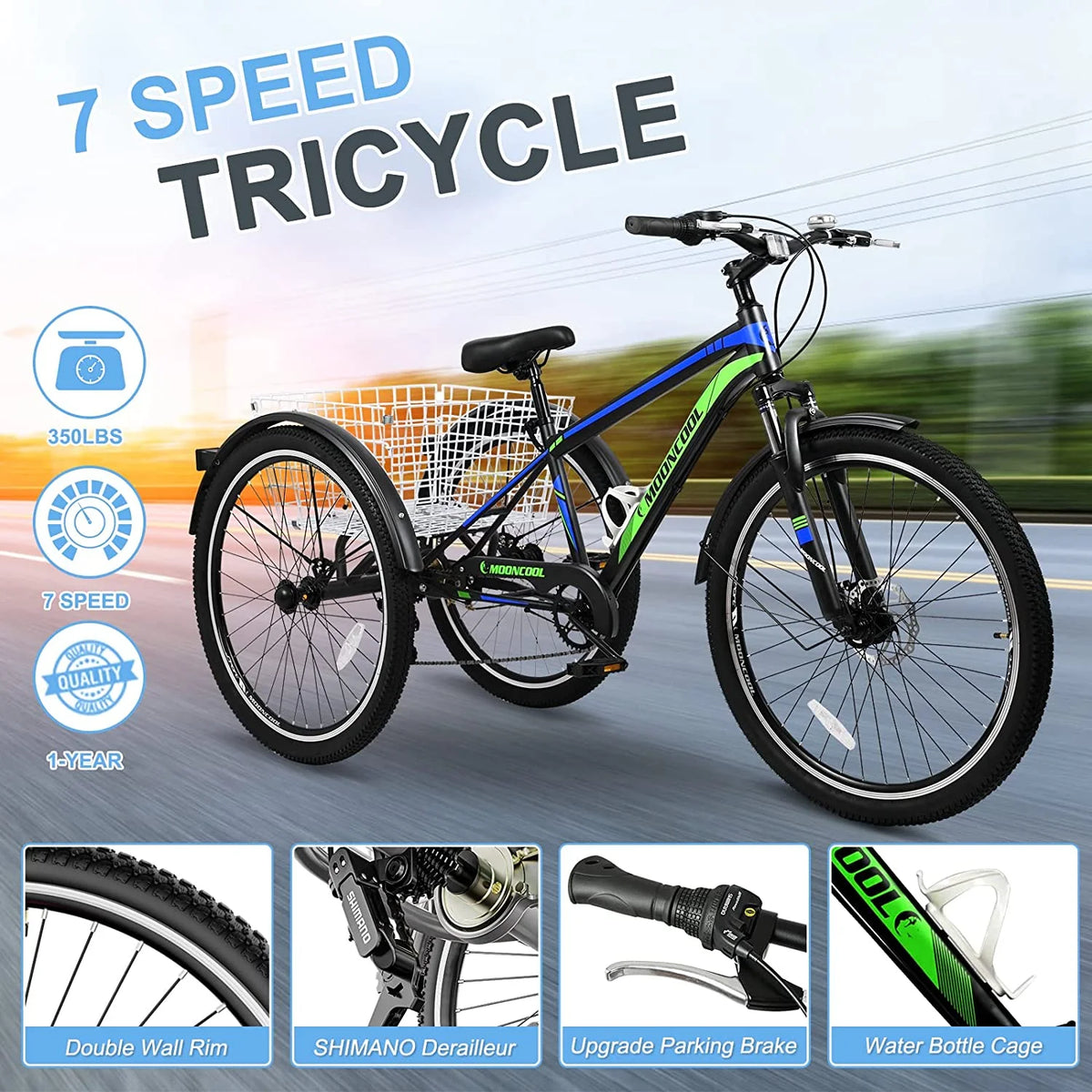 Adult Mountain Tricycle 27.5 Inch 7 Speed Three Wheel Trike Bike with Large Basket S5808
