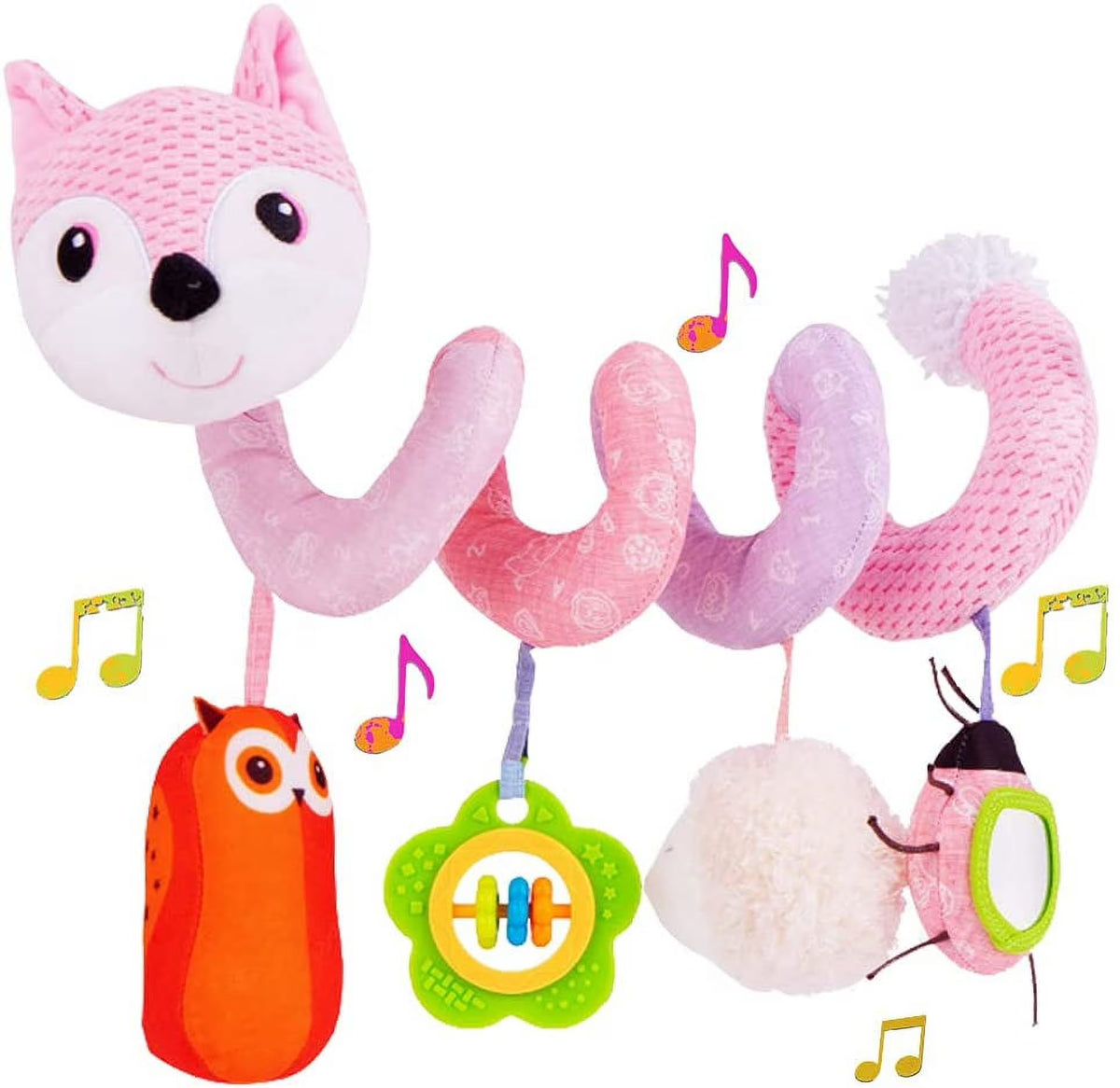 Pink Fox Baby Car Seat Toys with Musical Sheep Rattles Owl Ladybird Distorting Mirror Y980626