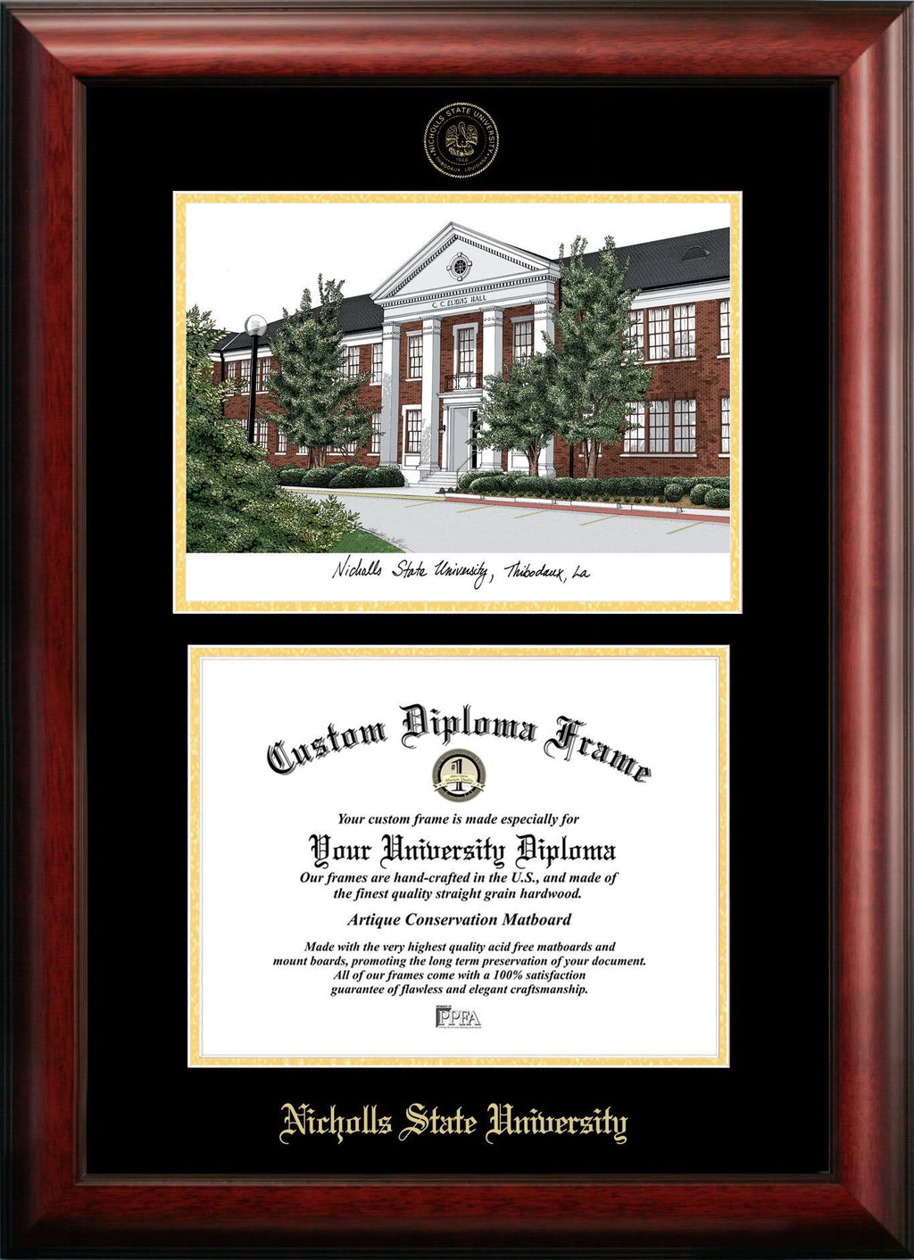 Gold Embossed Diploma Frame with Campus Images Lithograph O669484