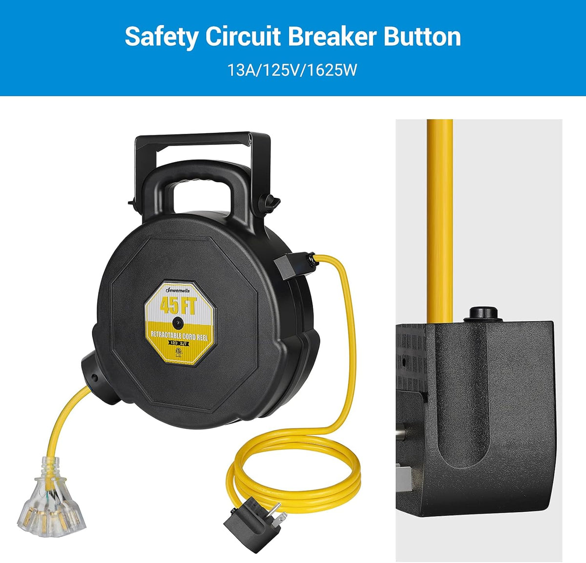 45FT Heavy Duty Retractable Extension Cord Reel with Triple Tap D584