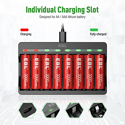 8 Pack Rechargeable AA Lithium Batteries 1.5V 3000mWh with Charger P904429