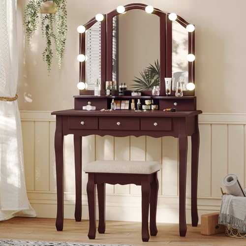 White Vanity Table Set with Lighted Mirror and Stool L52646