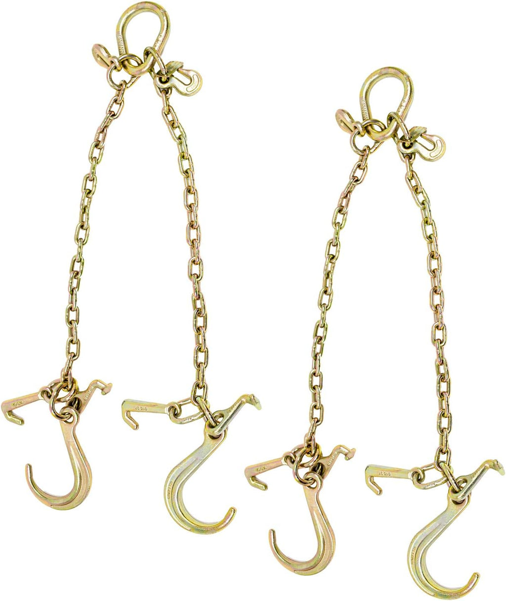 (2 Pack) 5/16'' x 3' G70 V-Chain Bridle with 8" Medium J Hooks, T-Hook & J-Hook with Grab Hooks 3' Legs 4700 lbs WLL V950822