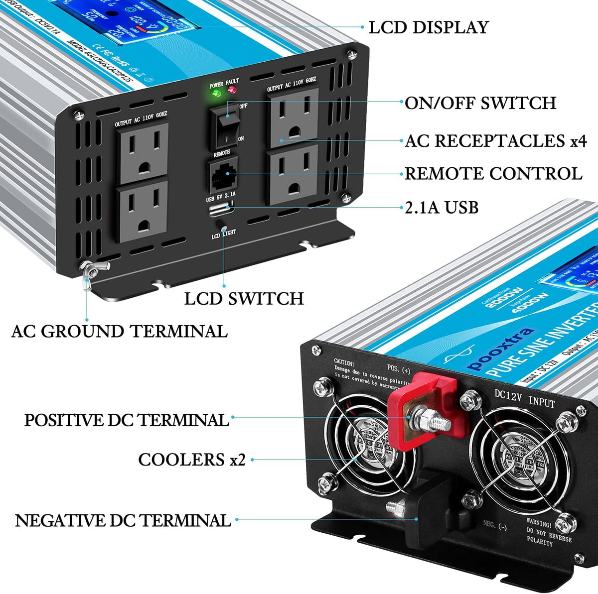 2000 Watt Pure Sine Wave Power Inverter 12V DC to 110V AC with LCD Display USB Port 4 AC Outlets Y335288