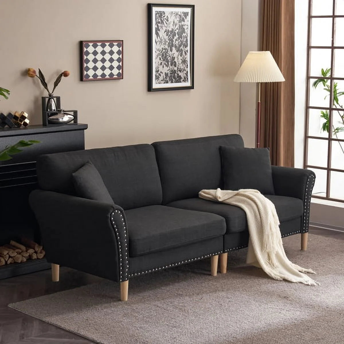 Black Upholstered 2-Seat Sofa with 2 Pillows Q381206