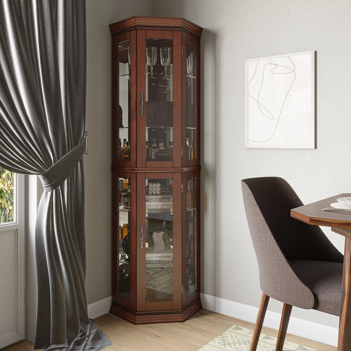 Walnut 5 Sided Lighted Corner Curio Cabinet X114