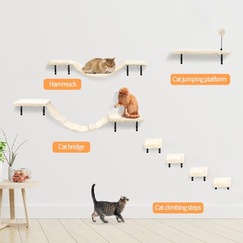 7 Pcs Beige Wood Cat Climber Set with Shelves, Perches, Bridge, Hammock, Scratching Board K140