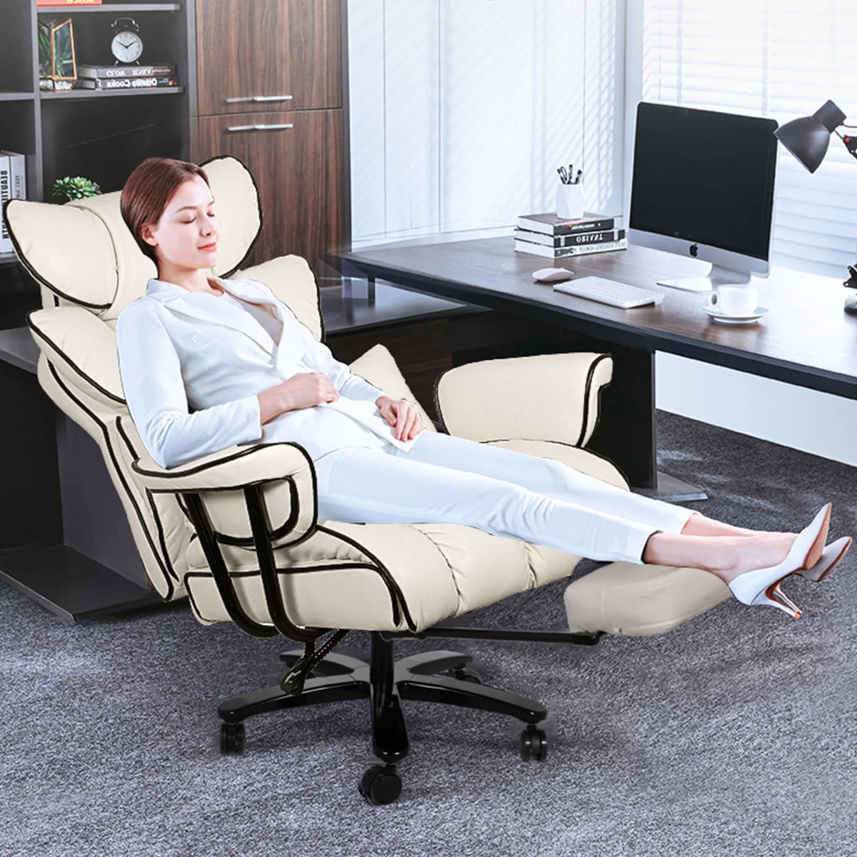 Big and Tall Ergonomic PU Leather Reclining Office Chair with Footrest B2725