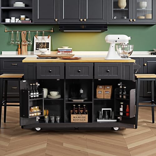 53" Rolling Kitchen Island Set with Power Outlet and Drop Leaf U500