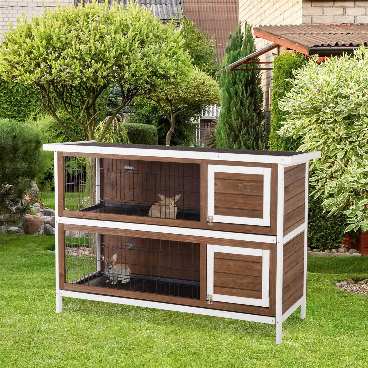 2-Story Wooden Rabbit Hutch with Lockable Doors T6457