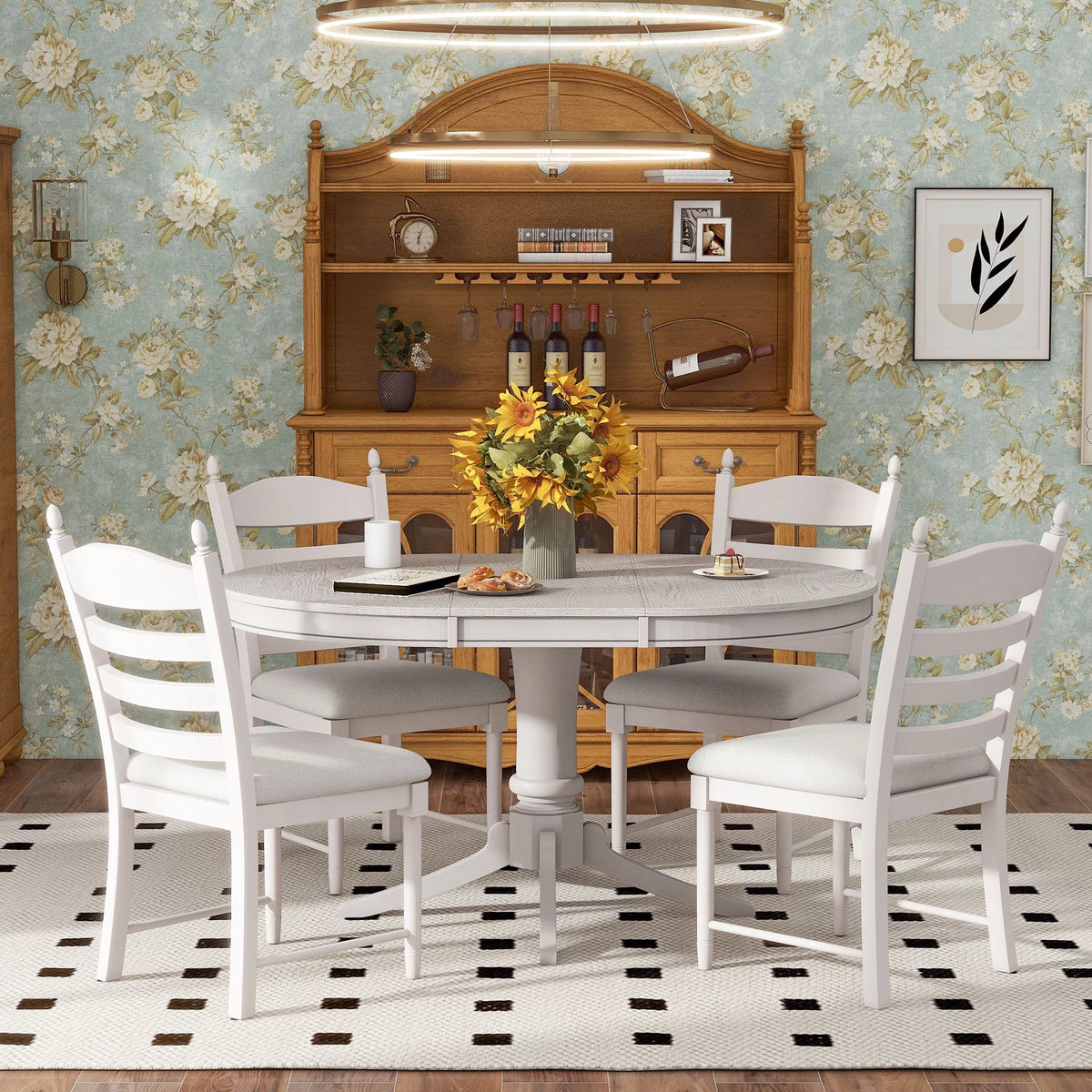 White 5 Piece Round Extendable Dining Table Set with 4 Upholstered Chairs P3752