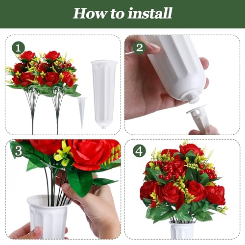 8 Bunches Silk Artificial Rose Bouquet with Grave Vase (White, Red) Q54732