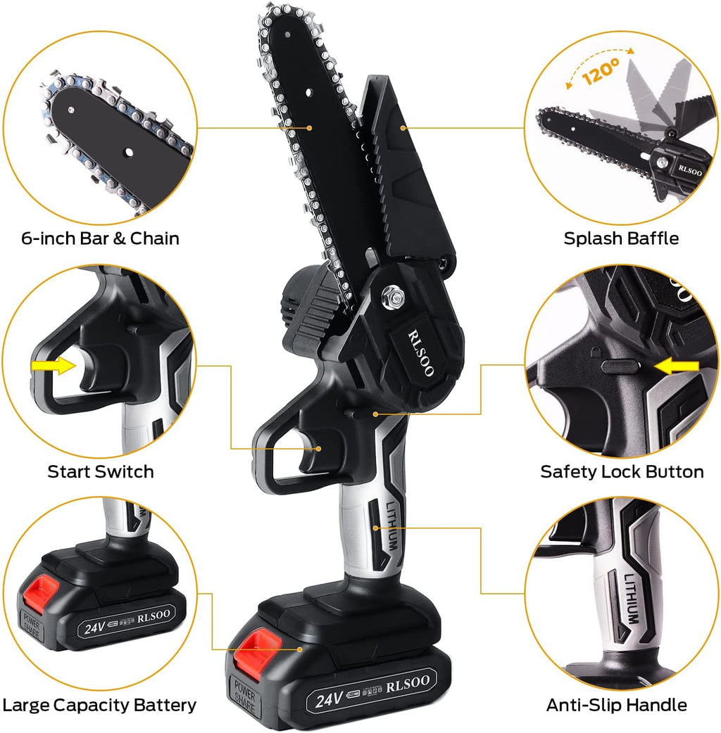 6 Inch 24V Cordless Mini Chainsaw with 2 Batteries and 2 Chains A5902