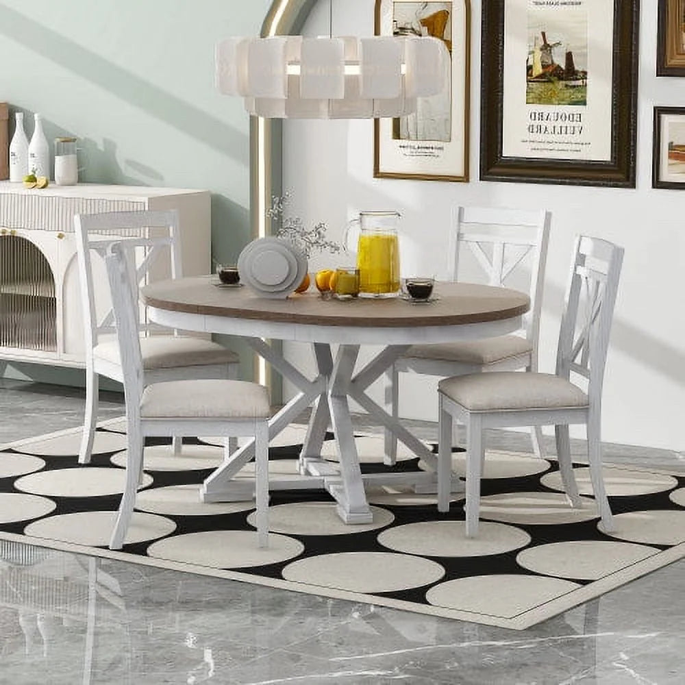 5-Piece Extendable Round Dining Table Set with 4 Upholstered Chairs U30440