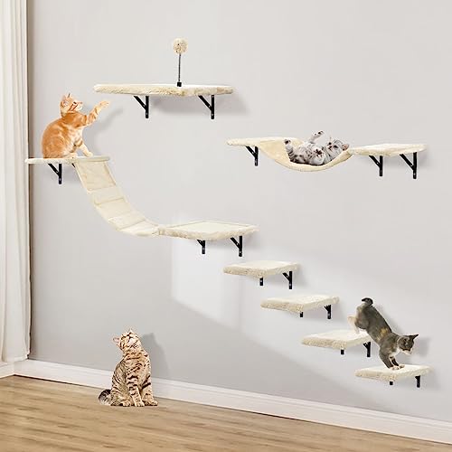7 Pcs Beige Wood Cat Climber Set with Shelves, Perches, Bridge, Hammock, Scratching Board K140