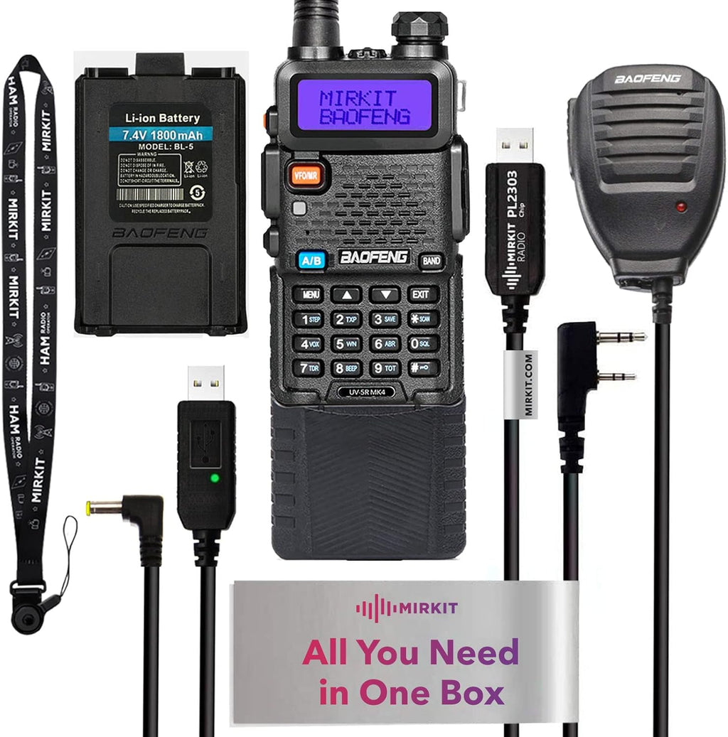 Baofeng Radio UV-5R MK4 8 Watt Max Power with 3800 mAh Handheld Mic Programming Cable and Software - Extra Pack B177