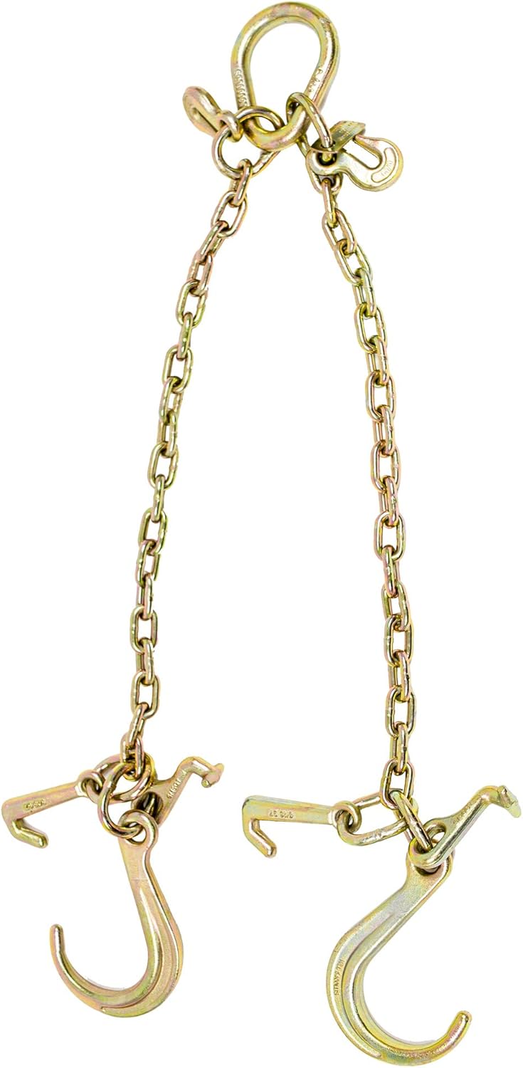 (2 Pack) 5/16'' x 3' G70 V-Chain Bridle with 8" Medium J Hooks, T-Hook & J-Hook with Grab Hooks 3' Legs 4700 lbs WLL V950822