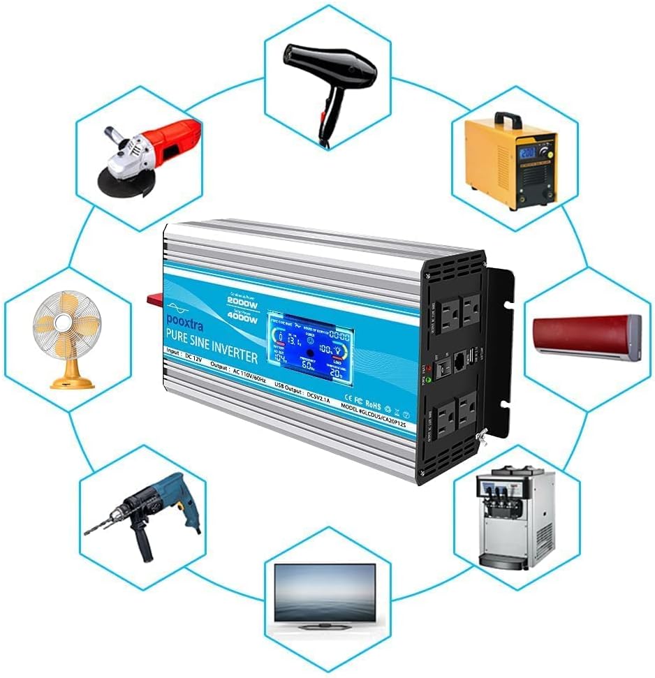 2000 Watt Pure Sine Wave Power Inverter 12V DC to 110V AC with LCD Display USB Port 4 AC Outlets Y335288