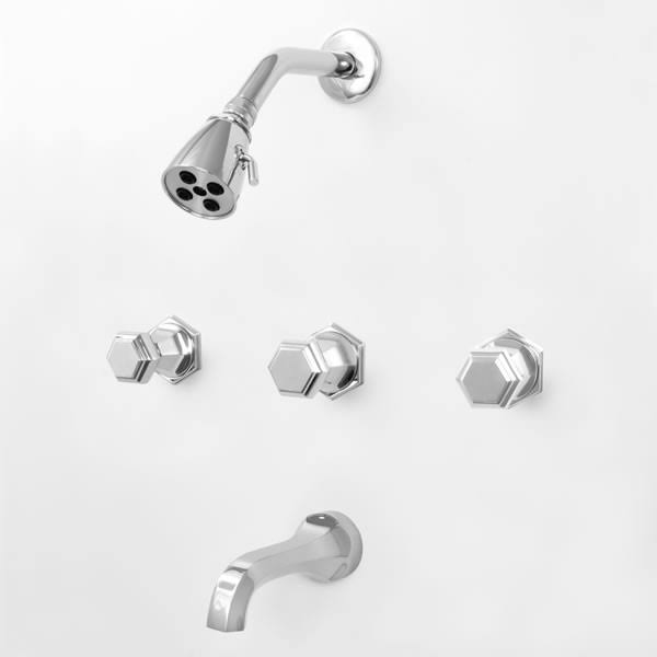 Three Valve Tub & Shower Set with Handles Satin Nickel PVD J37401