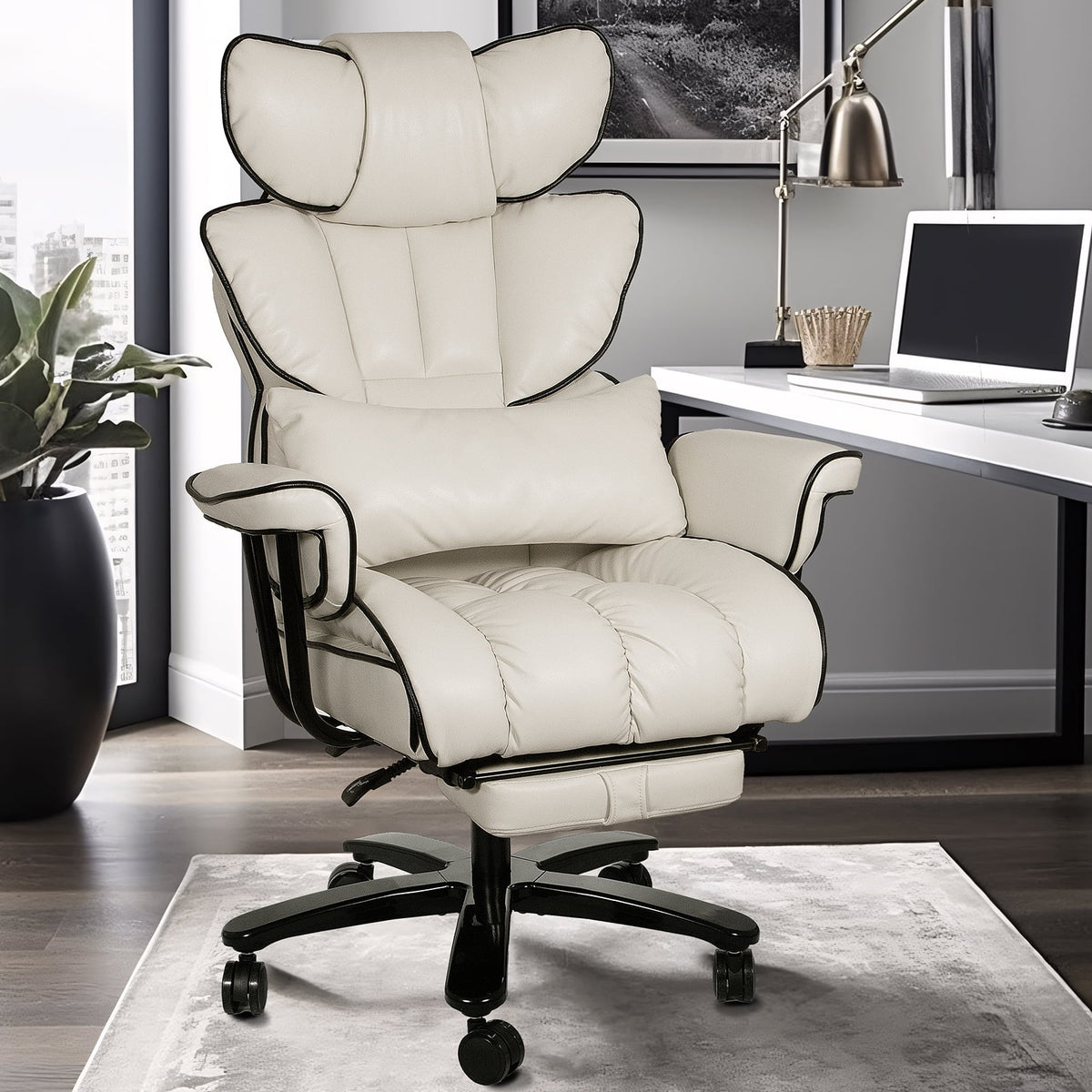 Big and Tall Ergonomic PU Leather Reclining Office Chair with Footrest B2725