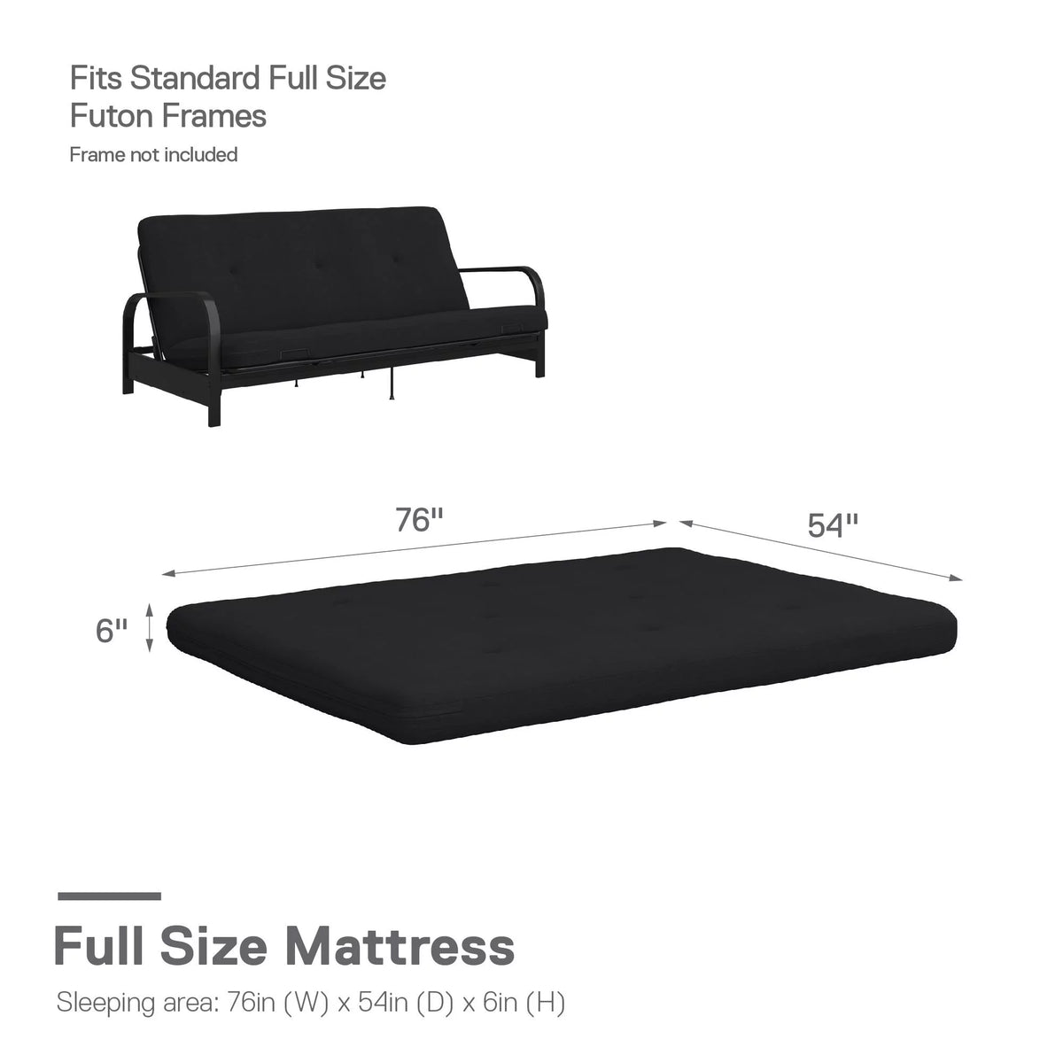 6-Inch Futon Mattress with Tufted Cover, Full, Black Linen H82564