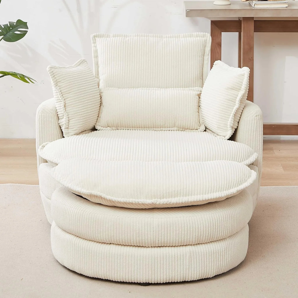 Beige Corduroy Tufted Swivel Accent Chair with Ottoman G2864