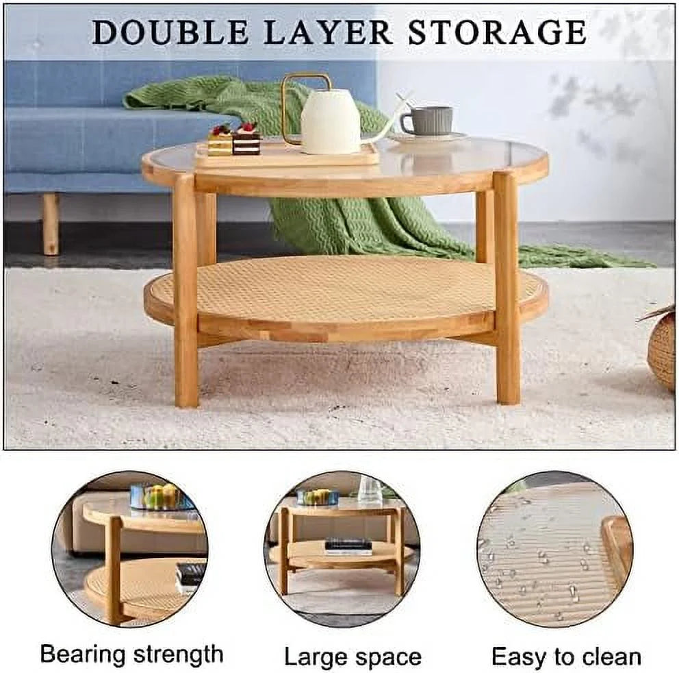 Rectangle Glass Top Solid Wood Coffee Table I693