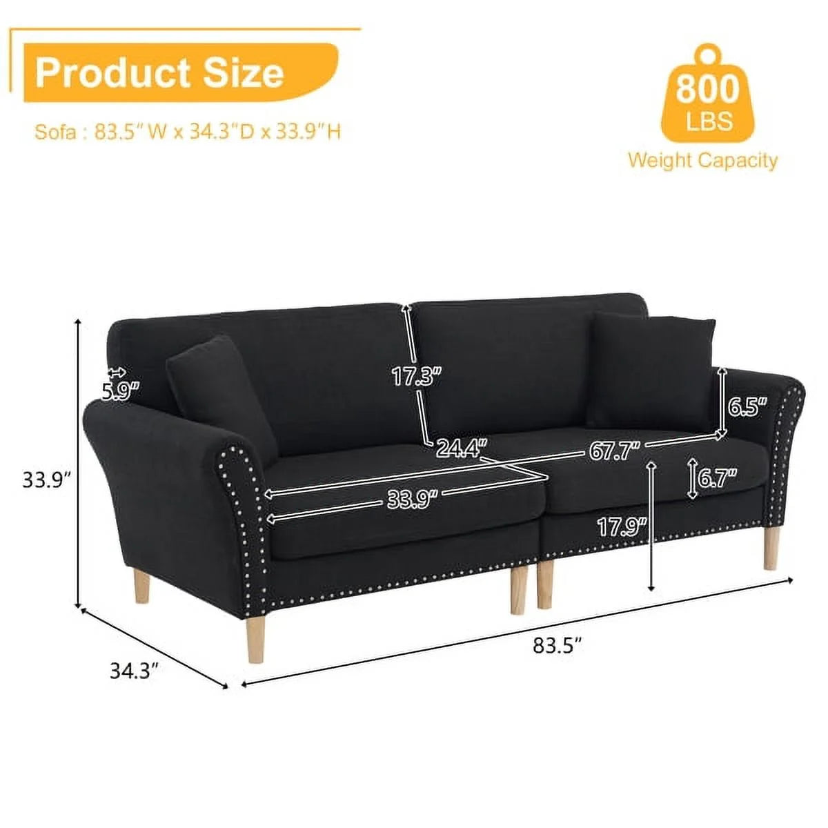 Black Upholstered 2-Seat Sofa with 2 Pillows Q381206