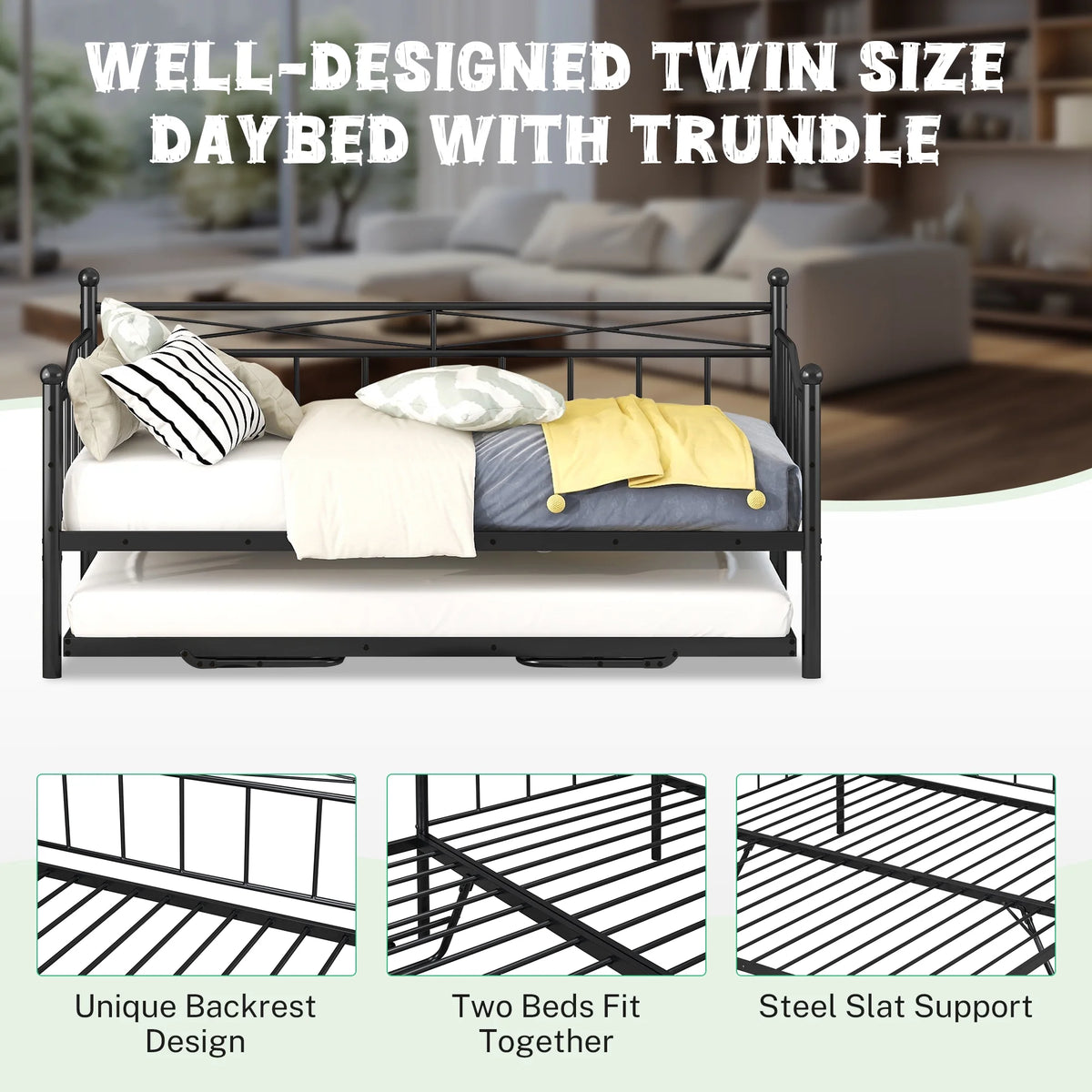 Black Twin Size Metal Daybed with Trundle J351377