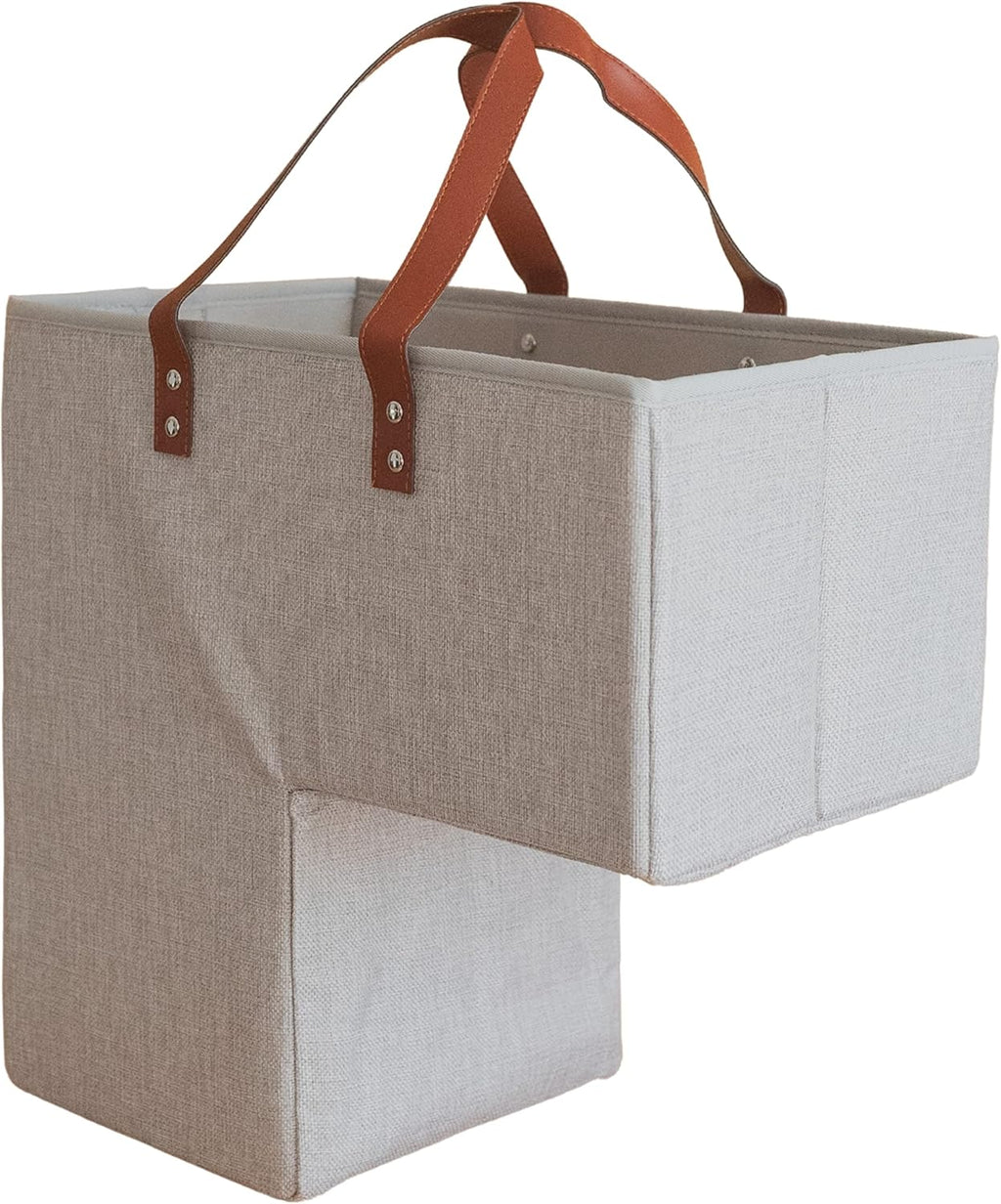 Beige Staircase Baskets with Leather Handles, Pack of 2 L120547