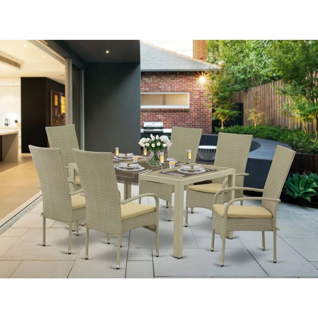 7 Pc Natural Wicker Dining Set with Table and 6 Armchairs R8553