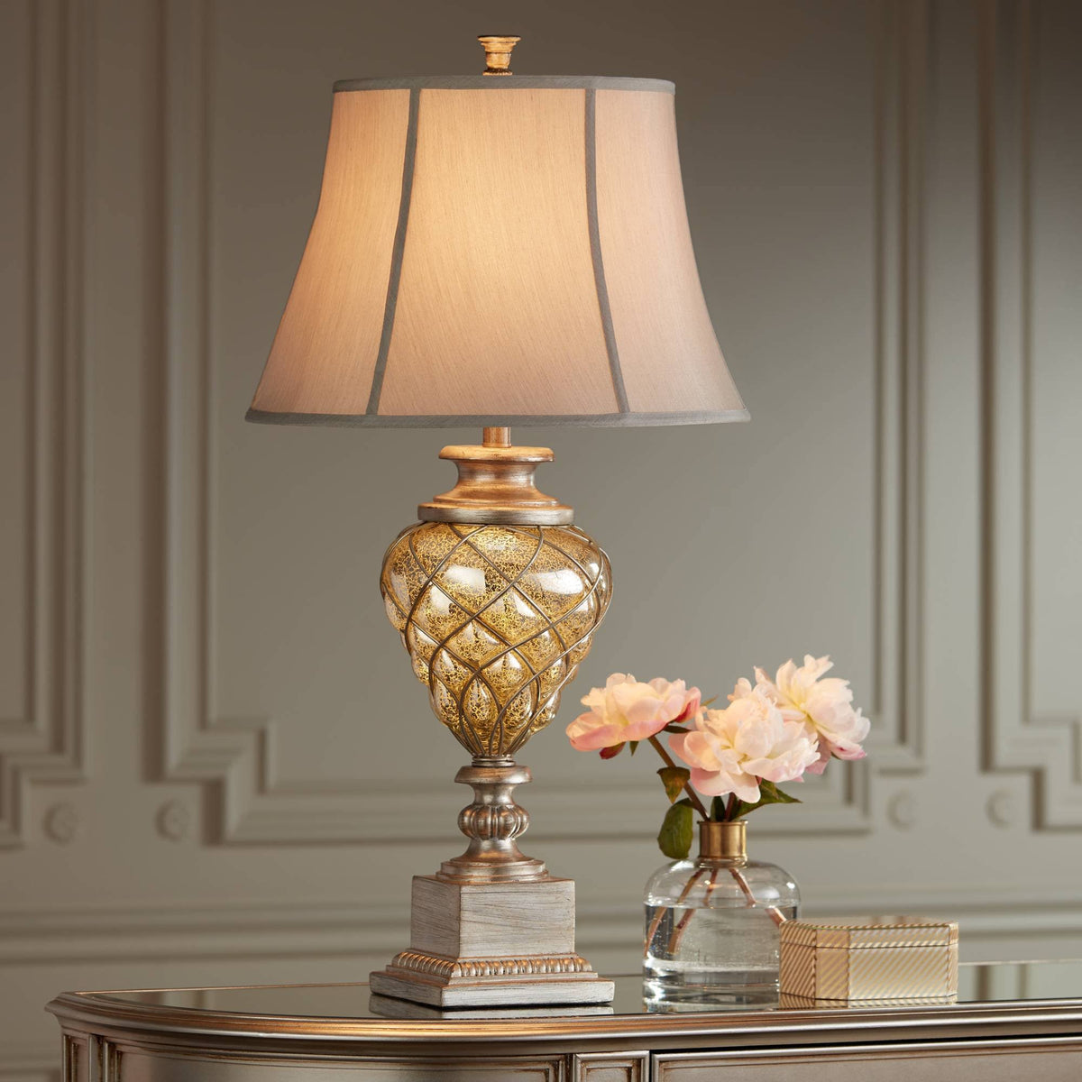 Traditional Table Lamp with Nightlight LED Mercury Glass Off White Fabric Bell Shade N516