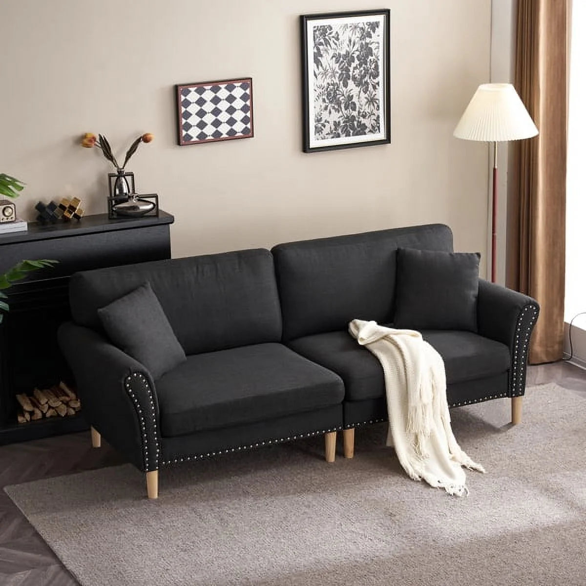 Black Upholstered 2-Seat Sofa with 2 Pillows Q381206