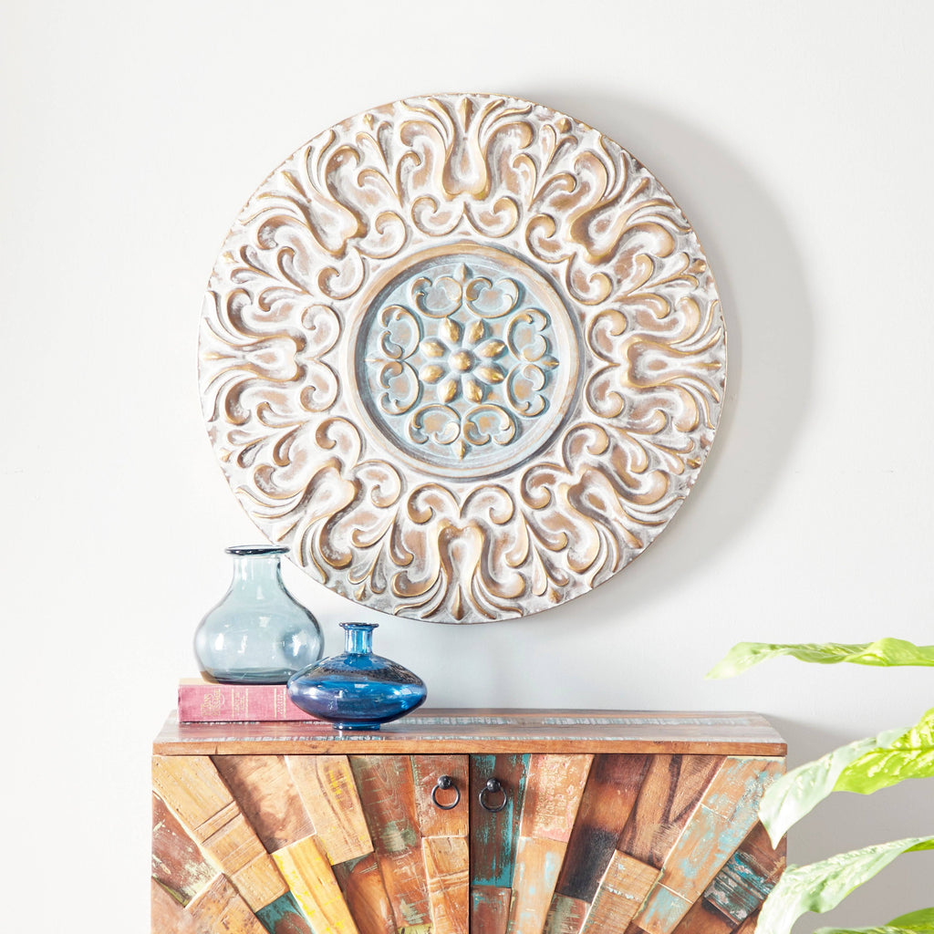 Round Antique Gold Metal Wall Decor with Light Green Textured Pattern Center K4822