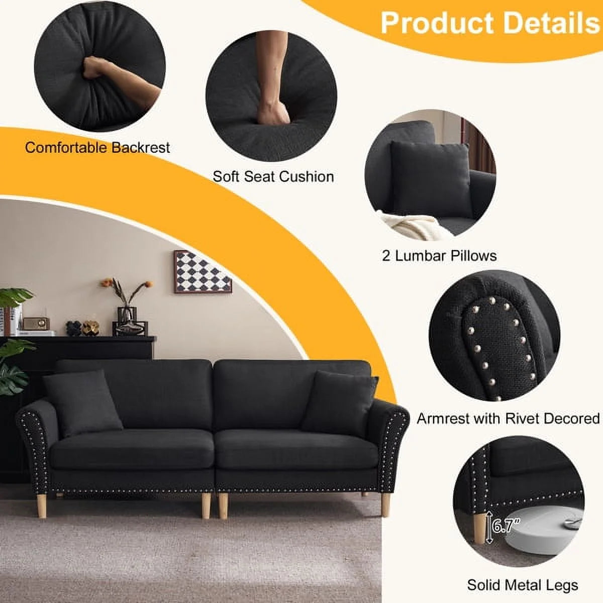 Black Upholstered 2-Seat Sofa with 2 Pillows Q381206